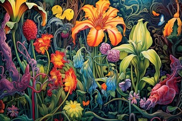 Whimsical Garden of Enchantment: Blooming with Mythical Creatures and Magical Colors in Flower Drawings, generative AI