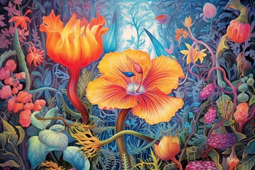 Whimsical Garden of Imagination: Blooming with Fantastical Creatures and Vibrant Colors in Flower Drawings, generative AI