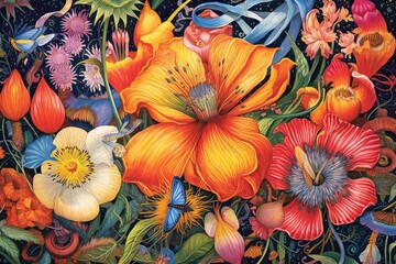 Whimsical Garden of Imagination: Blooming with Fantastical Creatures and Vibrant Colors in Flower Drawings, generative AI