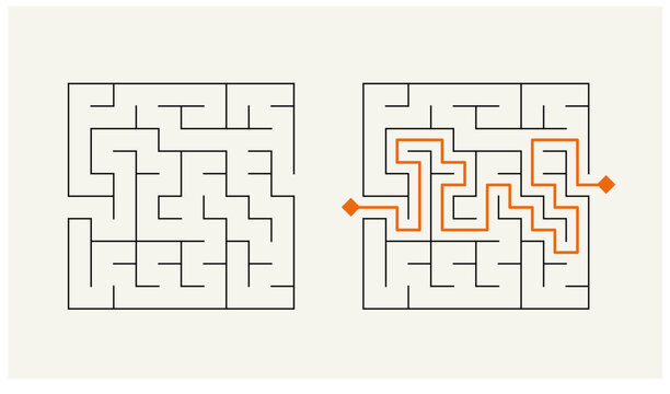 Classic maze game. Square format with solution.