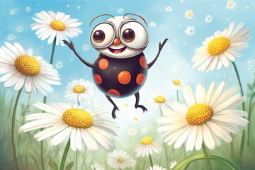 Cheerful Ladybug Drawing: Exploring a Field of Daisies, Bringing Good Luck, generative AI