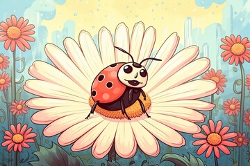 Cheerful Ladybug: Exploring a Field of Daisies, Bringing Good Luck with Every Step - A Vibrant Drawing, generative AI