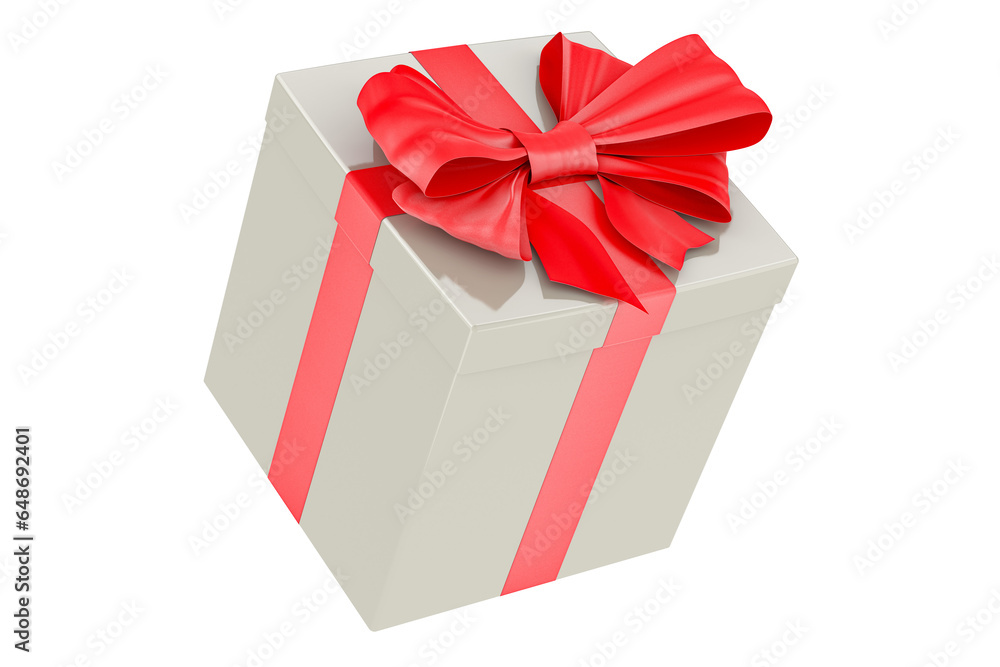 Poster gift box with red ribbon and bow. 3d rendering isolated on transparent background