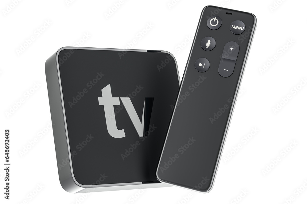 Poster digital media player tv with remote control, 3d rendering isolated on transparent background