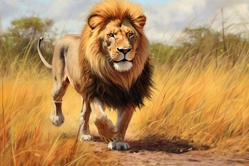 Commanding Respect in the Heart of the Savannah: A Regal Lion King with a Golden Mane and a Gentle Breeze, generative AI