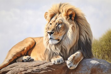 Regal Lion King: Majestic Drawing of a Golden-Maned Surveyor, generative AI