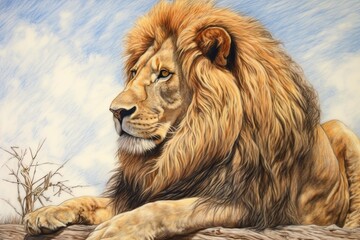 Regal Lion King: Majestic Drawing of a Golden-Maned Monarch Surveying His Kingdom, generative AI