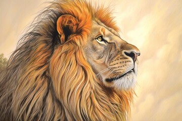 Fototapeta premium Power and Majesty: Regal Lion King Surveying His Kingdom, Golden Mane Fluttering in the Gentle Breeze, generative AI