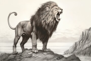 Majestic Lion Drawing: Exuding Strength and Grace from a Cliff, generative AI