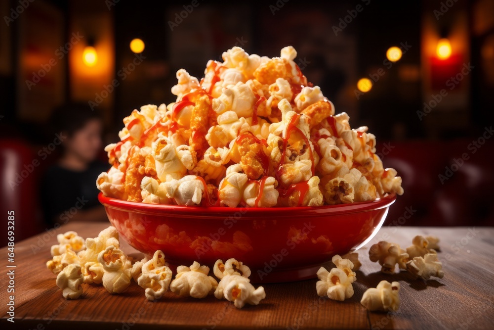 Poster appetizing popcorn. background with selective focus and copy space