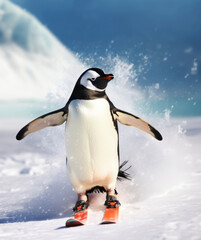 Portrait of a penguin skiing down the hill in winter