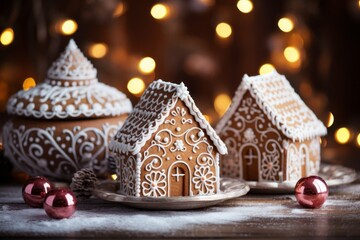 Christmas food, cookies in the shape of a small house. Preparing for festive dinner. Merry christmas and happy new year