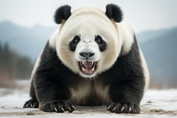 Angry aggressive panda is furious. Portrait with selective focus and copy space