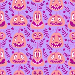 Cartoon retro vegetable harvest seamless Halloween pumpkins pattern for wrapping paper and fabrics and linens