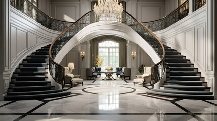 Luxurious Grand Foyer with Dual Staircases and Elegant Chandelier - obrazy, fototapety, plakaty
