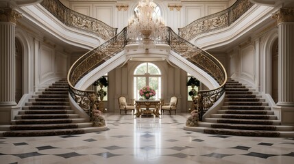 Majestic Double Staircase in Opulent Baroque Style Mansion Foyer - obrazy, fototapety, plakaty
