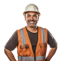A portrait photo of a brown male construction worker, isolated on white background