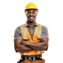 A portrait photo of a black male construction worker, isolated on white background
