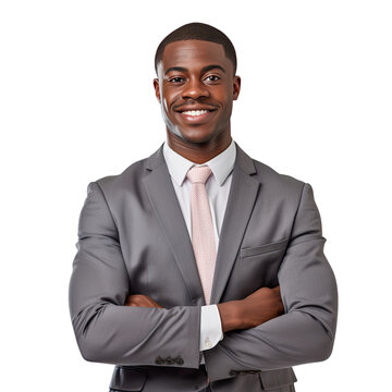 A portrait photo of a black businessperson, isolated on white background