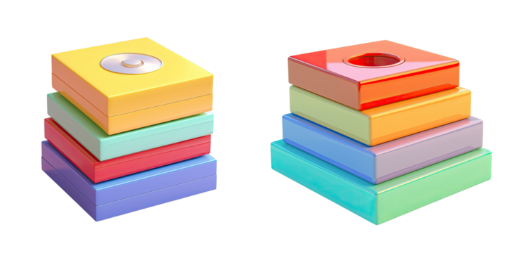 Png Set Computer CD boxes in various colors isolated on a transparent background - Powered by Adobe
