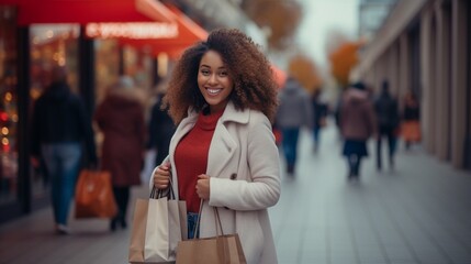 Young woman with shopping bags. Fashionable woman after shopping walking on street