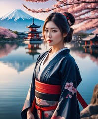 A stunning portrait of a female samurai at a beautiful lake with cherry trees