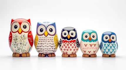 Zelfklevend Fotobehang Matryoshka owl dolls: nesting lineup of five cute little colorful owls against a white background © Giotto