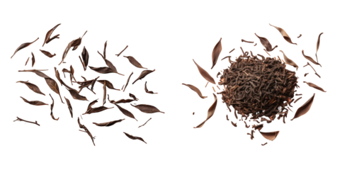 Png Set Closeup of isolated black tea leaves dried on a transparent background