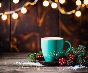 Obraz na płótnie Canvas Festive background with Cup on wooden background with lights and festive decor.