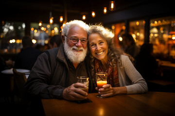 Mature senior couple having fun drinking beer at cafe bar restaurant. Husband and wife pensioners hanging out enjoying happy hour at brewery pub. Active social lifestyle of senior people concept