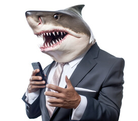 Shark businessman with sharp teeth talks holding a mobile phone, isolated on white