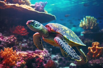 Sea turtle swims over a seabed rich with vibrant aquatic plants