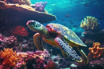 Gordijnen Sea turtle swims over a seabed rich with vibrant aquatic plants © ChaoticDesignStudio