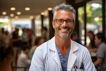 Fototapeta premium adult doctor wearing glasses and lab coat, arms crossed smiling at camera, medicine staff in background