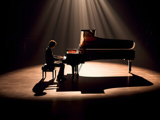 Intimate Concert Setting: Pianist Under Spotlight, Perfect for Music Event Promotion - obrazy, fototapety, plakaty