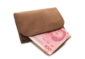 Brown leather wallet with various yuan bills, renminbi banknotes, cash money isolated on white, clipping 