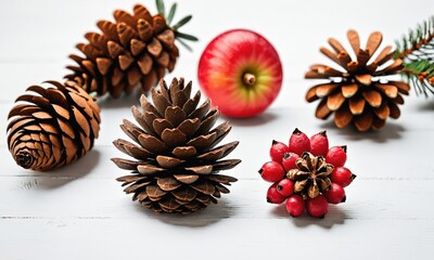 Red Fruits and Brown Pine Cones on White Wooden Surface