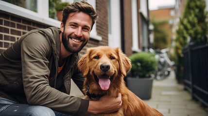 Happy dog and man together, friend of people at home