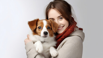 Dog and woman together, pet and owner love, isolated white background