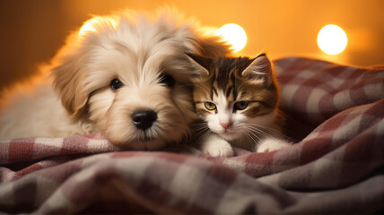 Dog and cat together, happy pets on bed