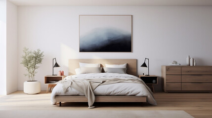 Fototapeta na wymiar Modern Bedroom in Calming Neutral Tones, Essence of Minimalism, - Generative AI