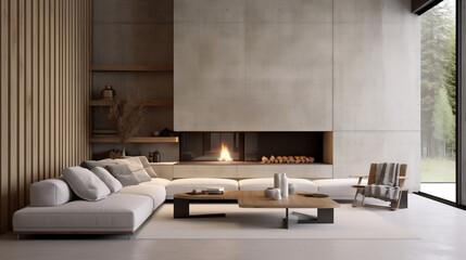 Modern Living Room with Fireplace and Wooden Walls, Urban Simplicity, Monochromatic Tones - Generative AI