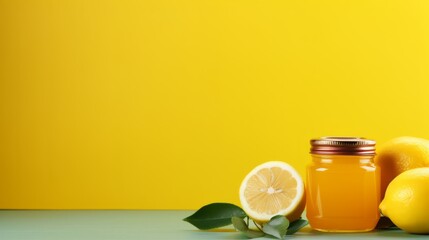 Lemon jam marmalade on yellow background. Jam marmalade with lemon in glass jar. Horizontal banner. Food photo AI generated - obrazy, fototapety, plakaty
