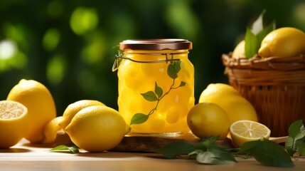 Lemon jam marmalade. Jam marmalade with lemon in glass jar with lemons. Horizontal banner. Food photo AI generated