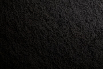 Close-up of a dark gray, almost black, solid granite rock surface texture, front view. Abstract full frame natural textured background in black and white with copy space.