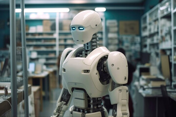 Fototapeta premium Humanoid smart male robot, working in pharmacy industry, assistant in choosing medicine pills for customer service, information provision. Concept of high-tech assistant technology service
