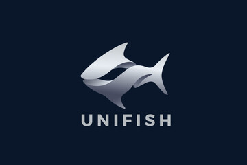 Fish Logo Seafood Abstract Metallic Design Vector 3D template. Shark Tuna Metal Silver Steel Logotype concept icon. - 648699661