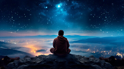 Obraz premium silhouette of a person on a mountain meditating at night with city lights in the background