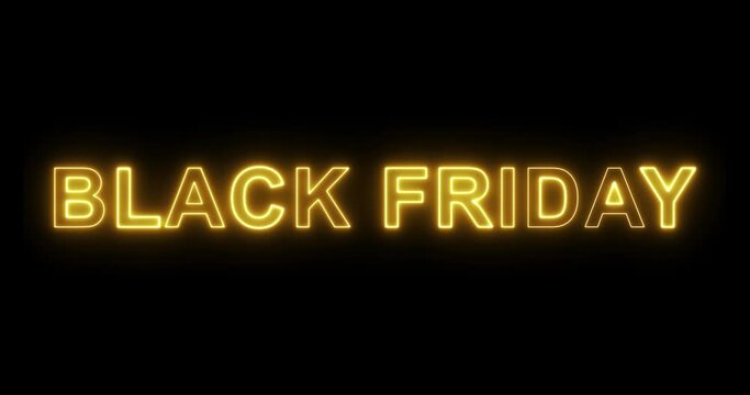 Black friday written with neon bright glowing and fire effect on black background. Animated Black Friday text on neon sign banner. Neon pink glowing sign. Sales promotional concept. 