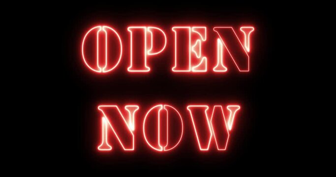 Neon open now Animated sign. Neon effect. 4K Video motion Animation.